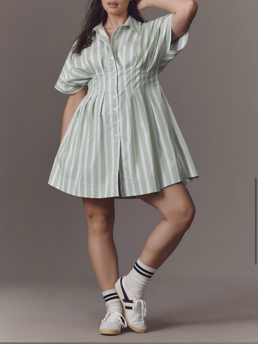 Button-Front Mint and White Striped Shirt Dress